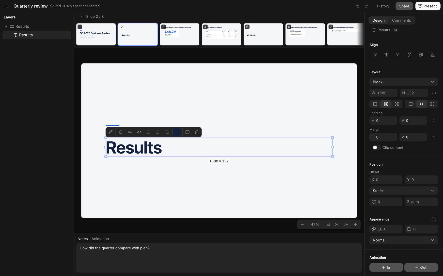 The SlideKit editor: a slide on the canvas, the filmstrip on the left and the inspector on the right.